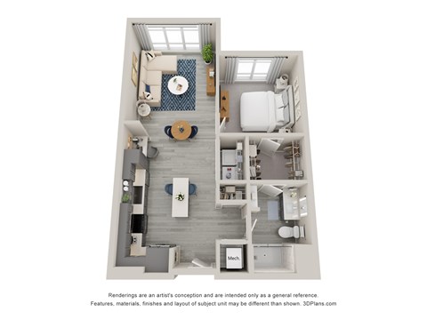 Floor plan for 1 bed, 1 bath, 757 sqft